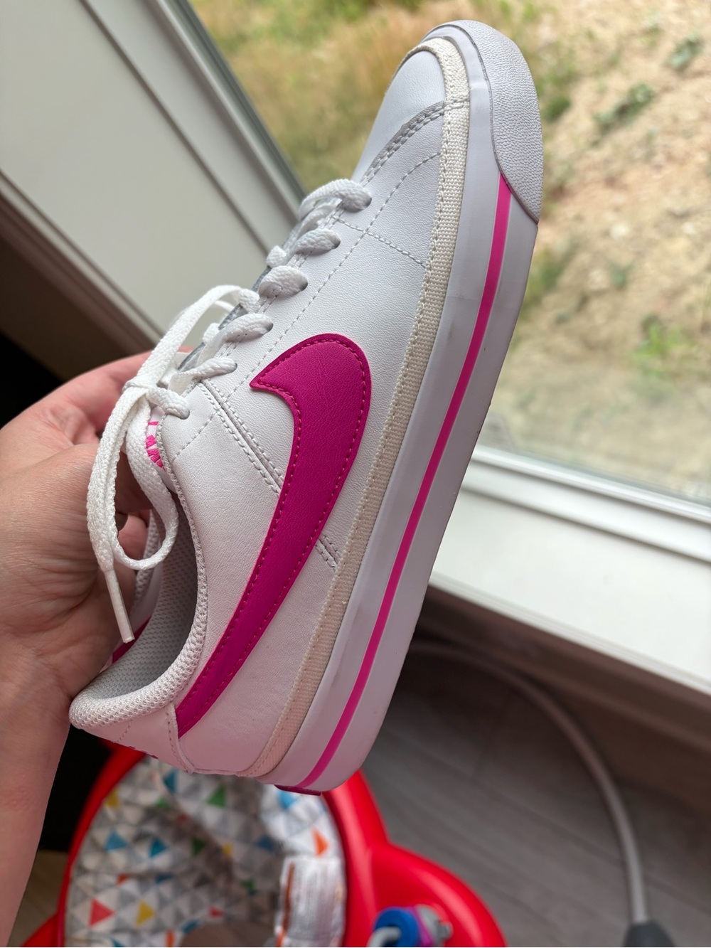 Nike White Sneakers with Pink Swoosh and Accent Stripe